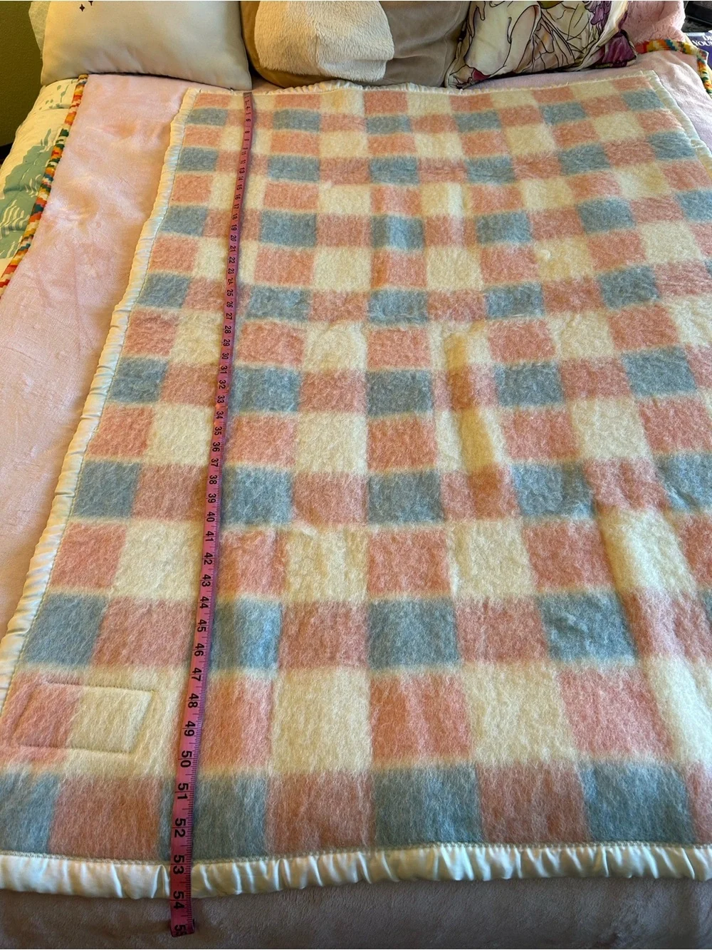 Vintage Van Wyk wool health blanket throw pink blue white satin trim 35X54